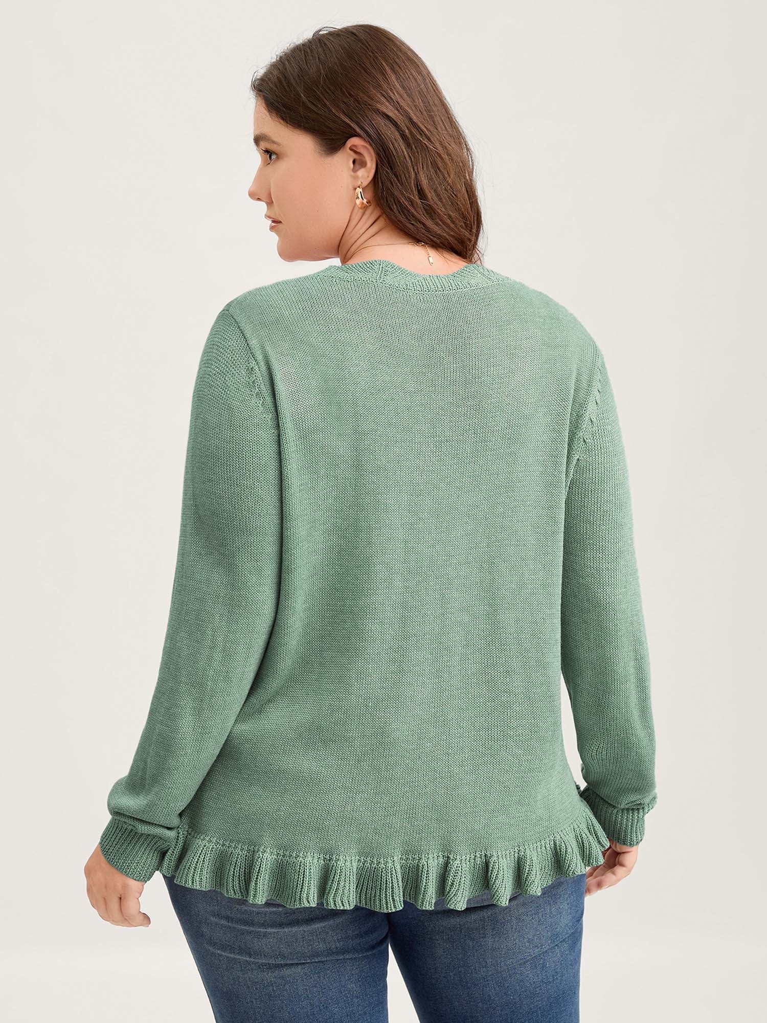 Supersoft Textured Floral Button Ruffled Hem Knit Cardigan