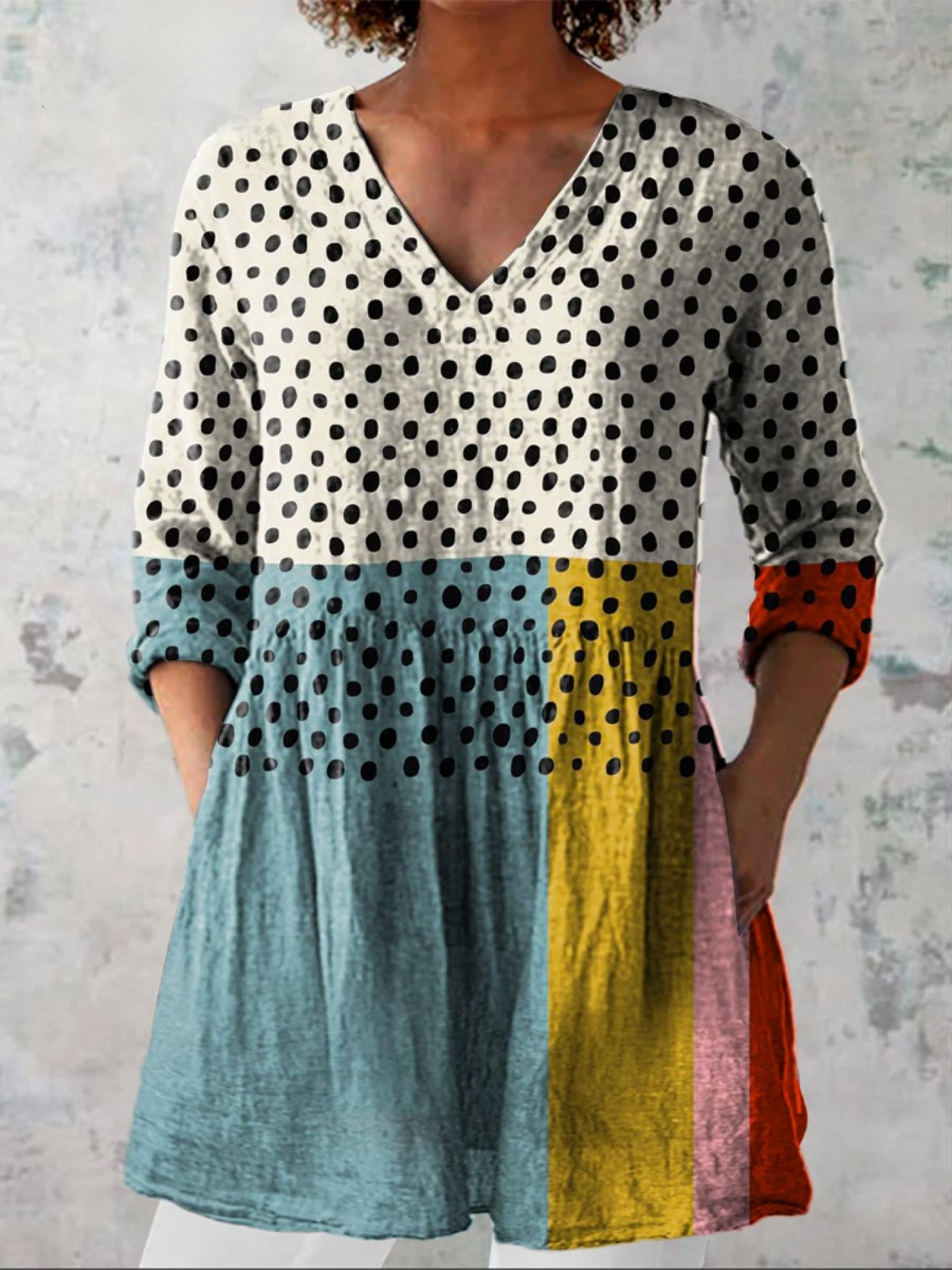 Women's Abstract Geometric Dot Pattern Art Print Casual Linen V-neck Tunic