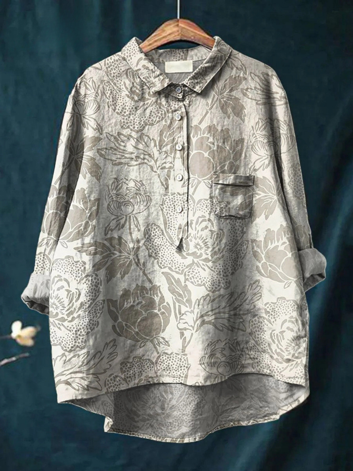 Women's Vintage Floral Art Print Casual Cotton And Linen Shirt