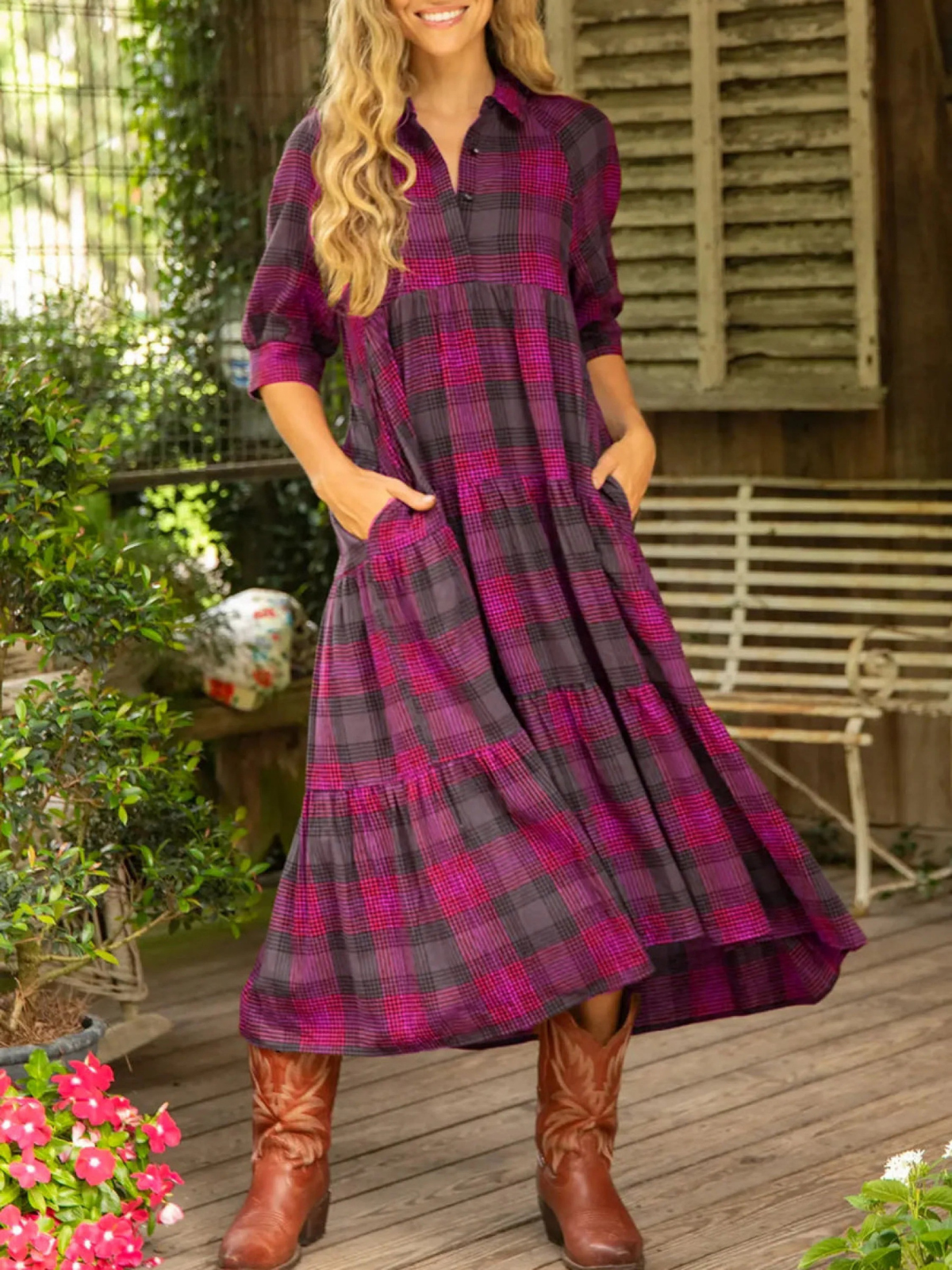 Women's Comfortable Plaid Print Shirt Midi Dress