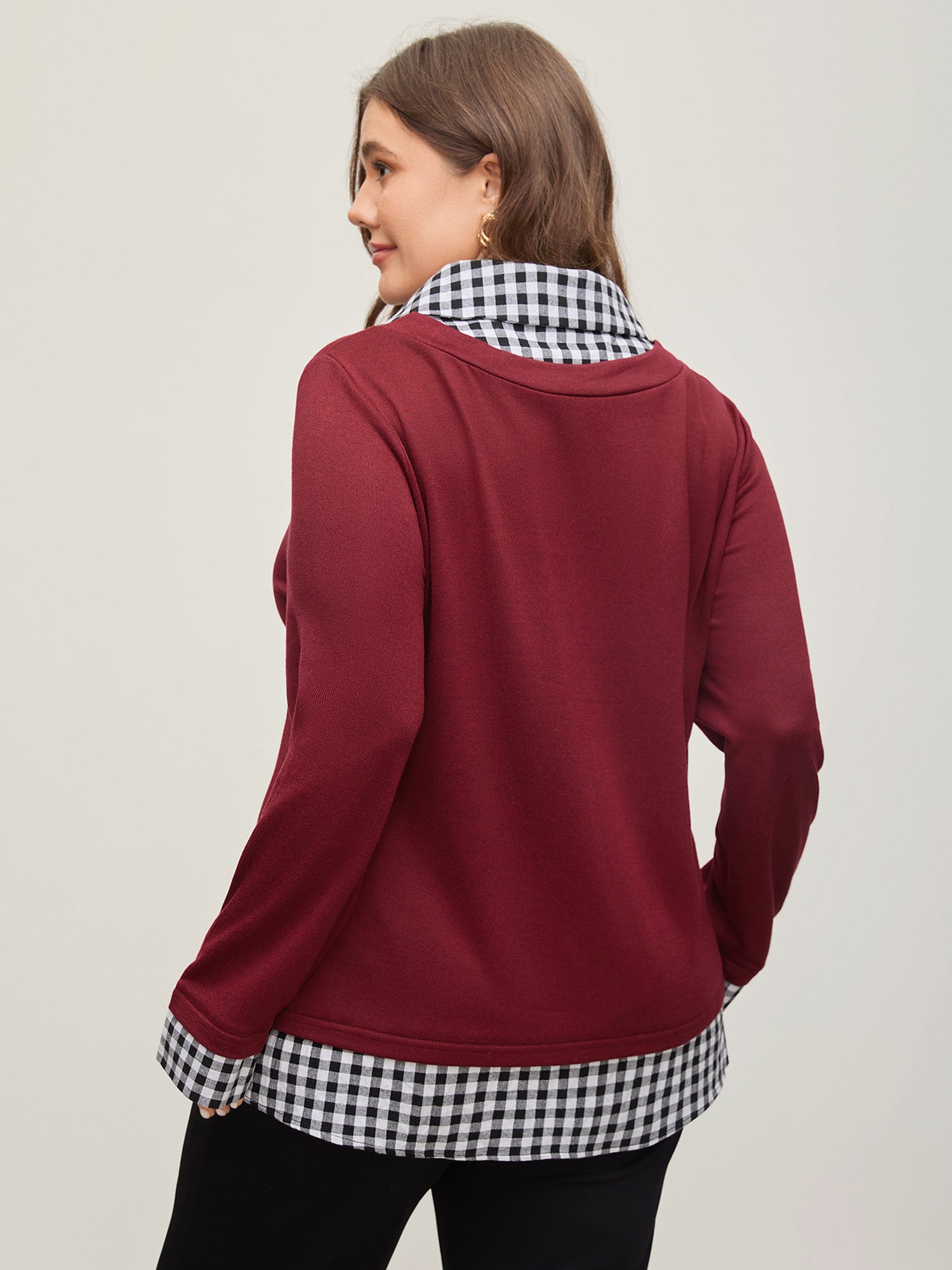 Gingham Patchwork Shirt Collar Arc Hem Sweatshirt