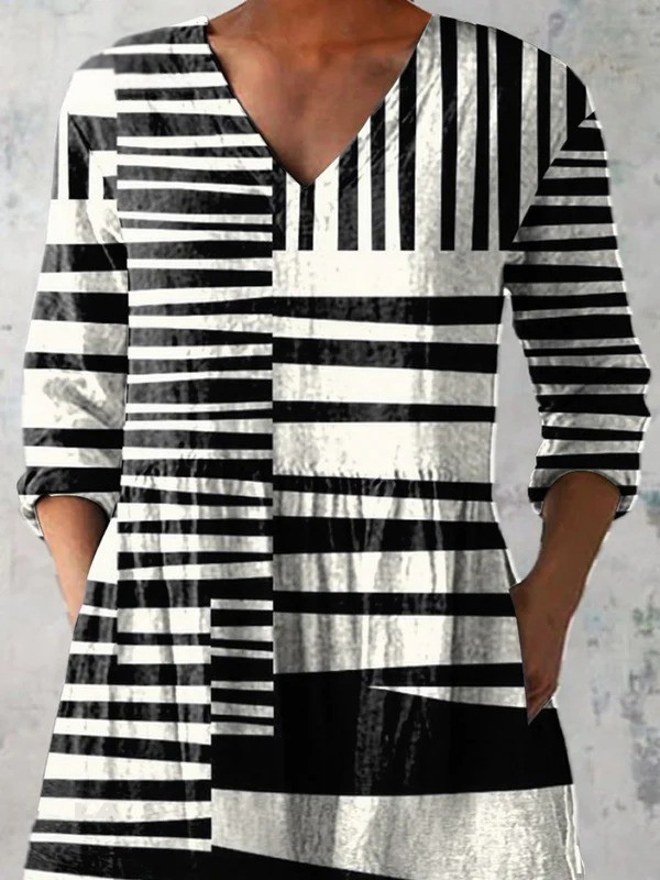Abstract Strip Pattern Printed Women's Casual Linen V-Neck Tunic