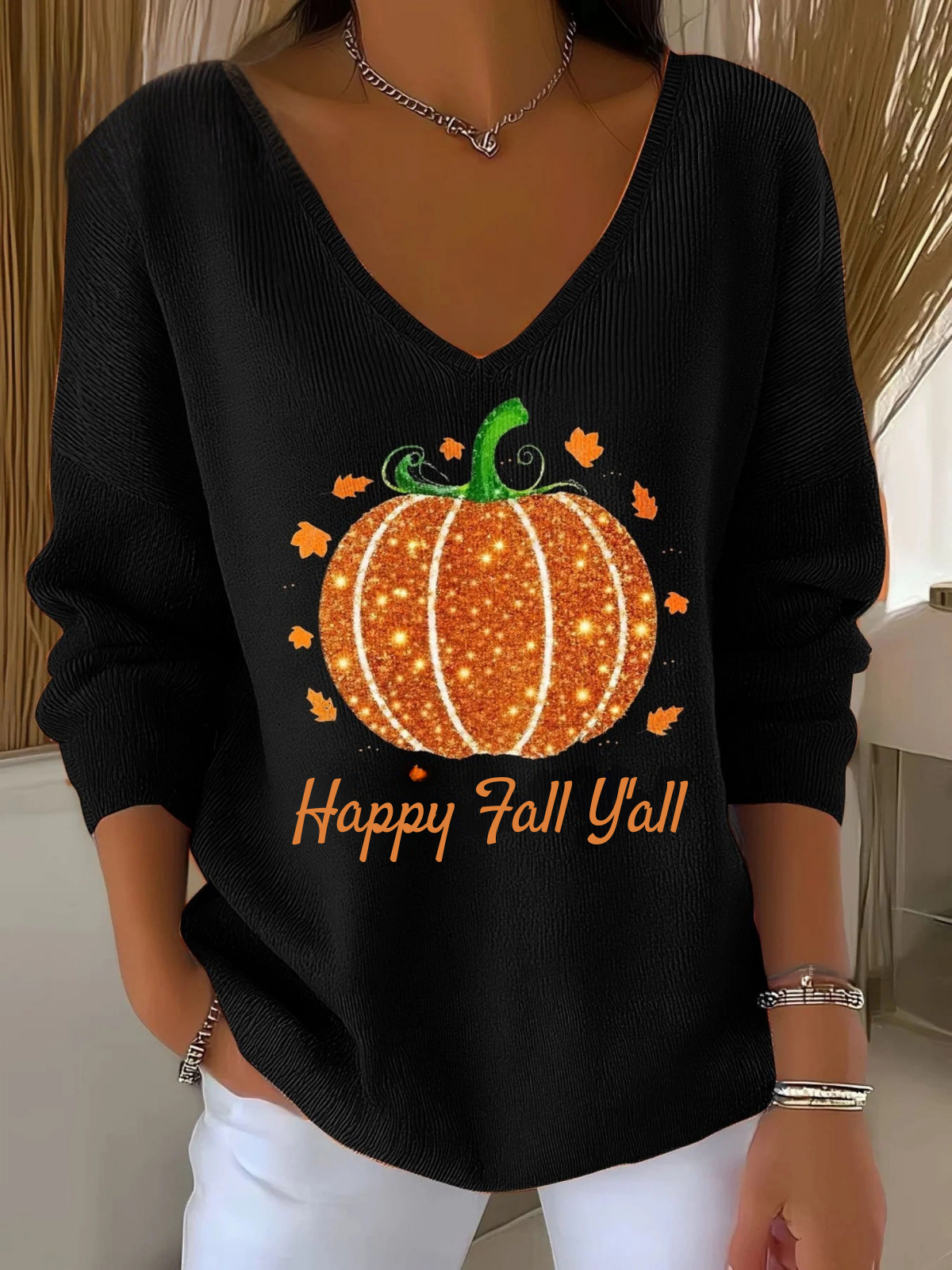 Women's Autumn Rhinestone Pumpkin Print V-Neck T-Shirt