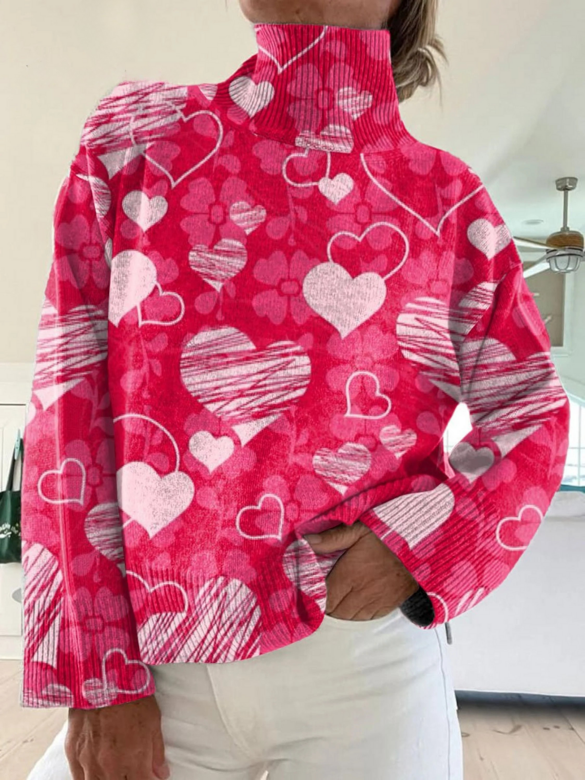 Valentine's Day Vintage Love Art Print Knit Turtleneck Pullover Sweater