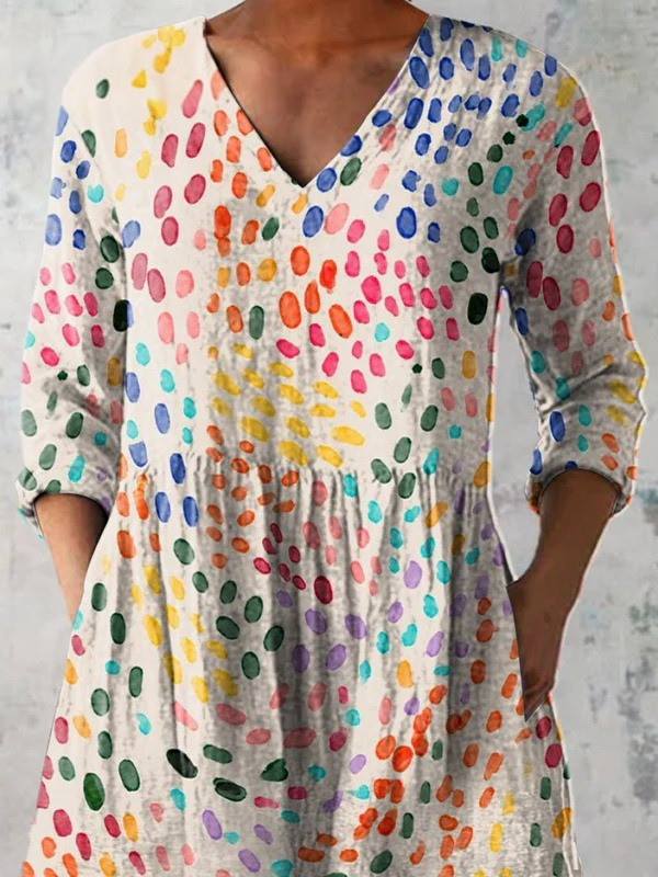Watercolor Polka Dot Pattern Printed Women's Casual Linen V-Neck Tunic