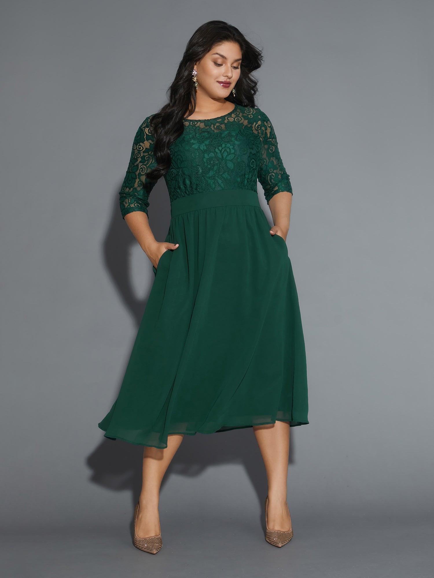 Lace Patchwork Shirred Midi Pocket Dress
