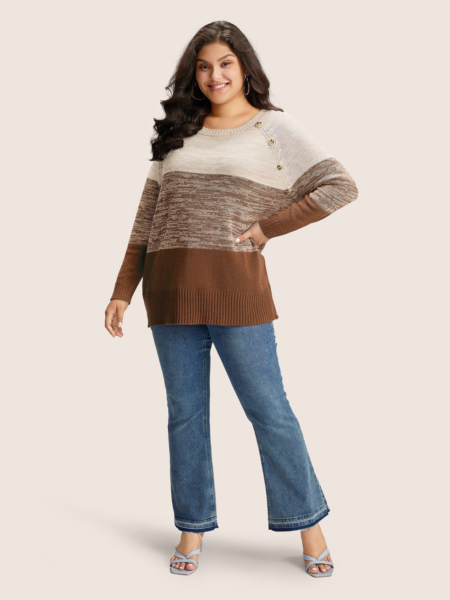 Colorblock Contrast Heather Button Detail Pullover