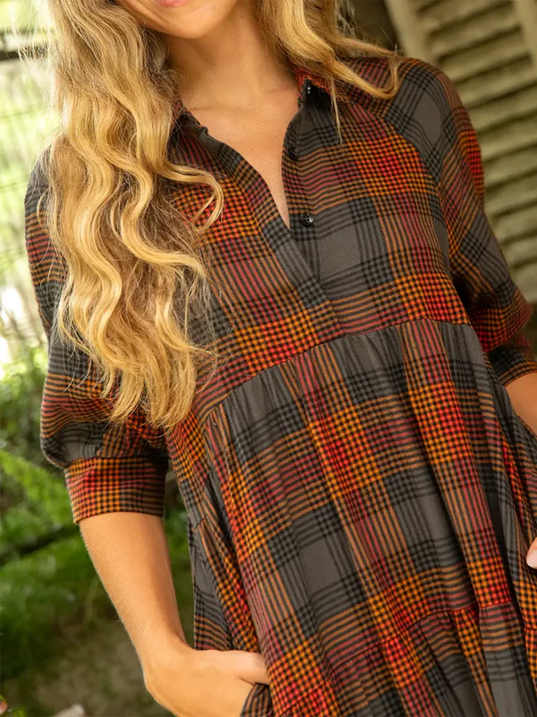 Women's Comfortable Plaid Print Shirt Midi Dress