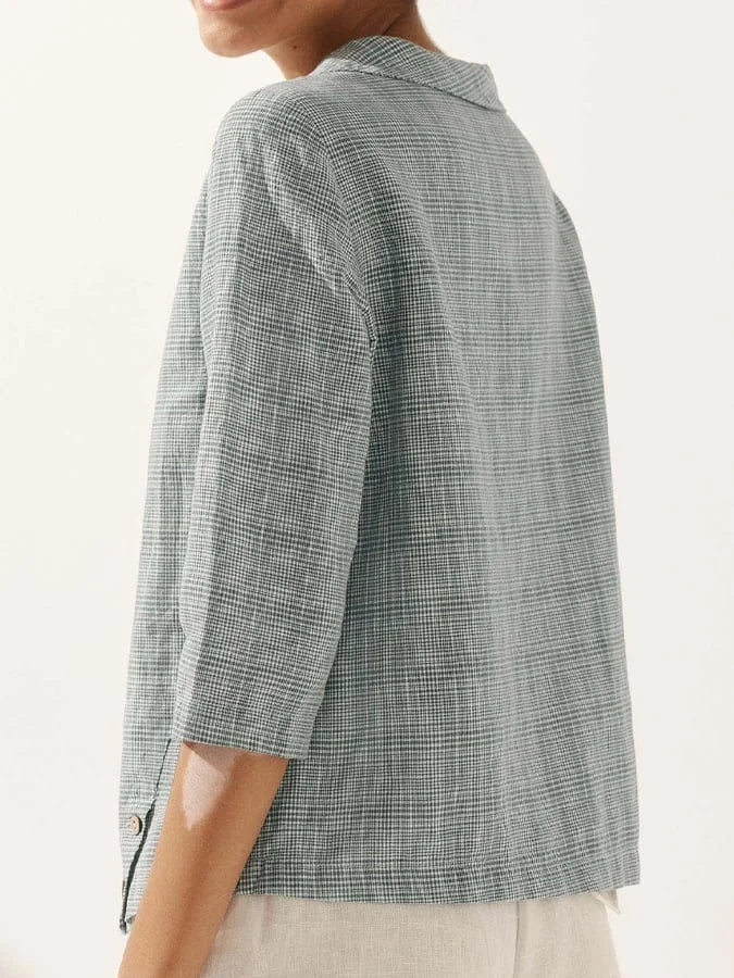 Women'S Linen Check Crew Neck Soft Lapel Top