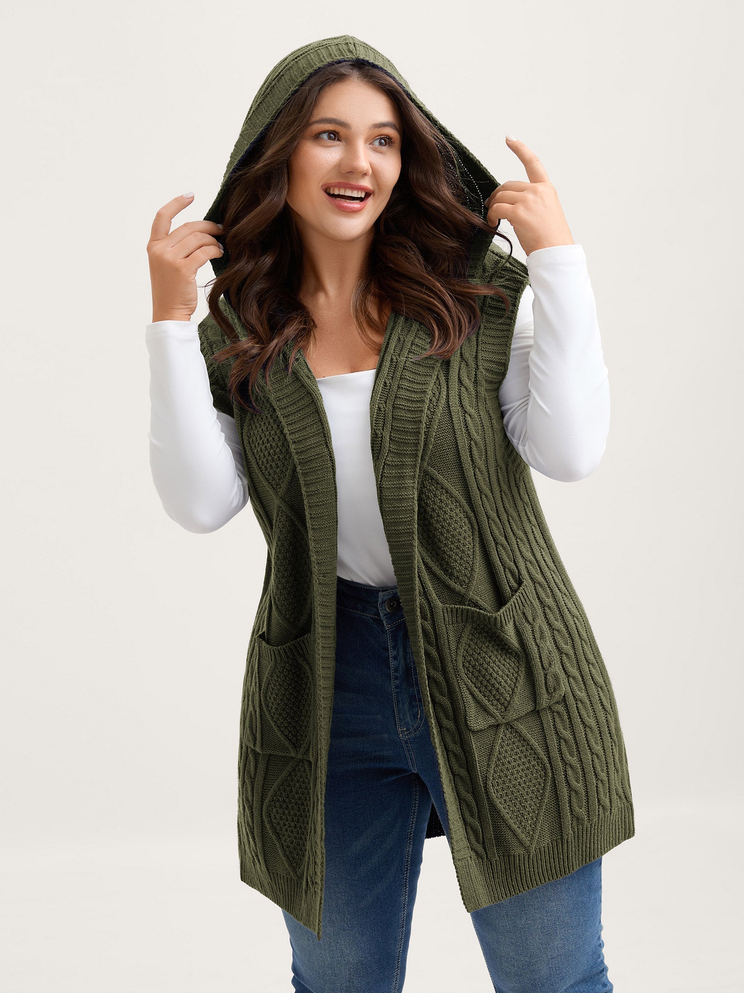 Twisted Hooded Sleeveless Knit Cardigan
