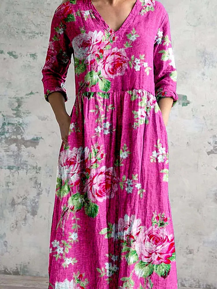 Women's V Neck Art Rose Floral Pattern Dress With Pockets