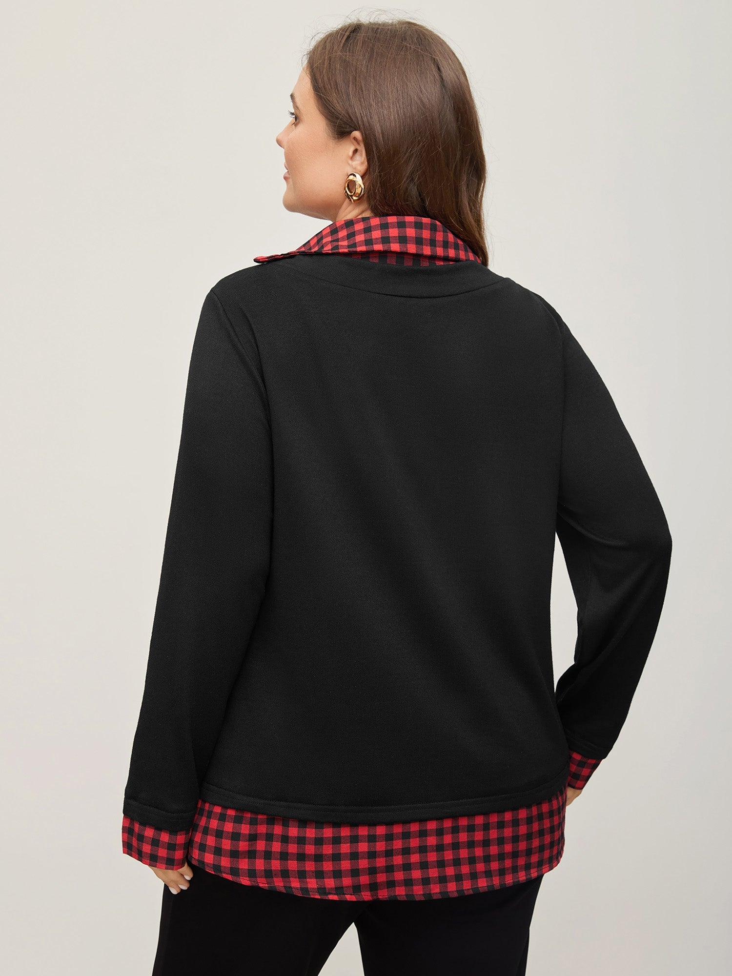 Gingham Patchwork Shirt Collar Arc Hem Sweatshirt