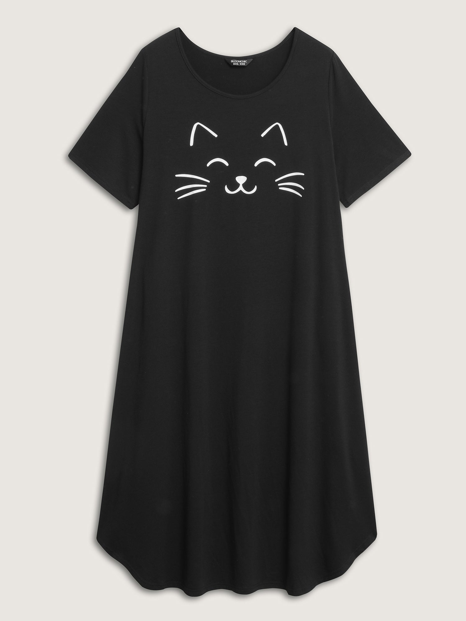 Happy Cat Print Stretchy Contrast Sleep Dress