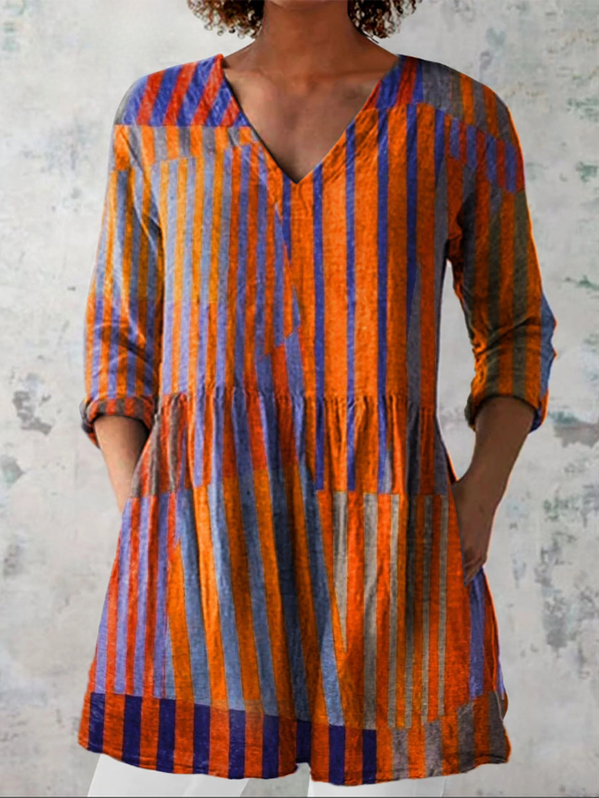 Women's Vintage Colorblock Striped Art Print Casual Linen V-neck Tunic