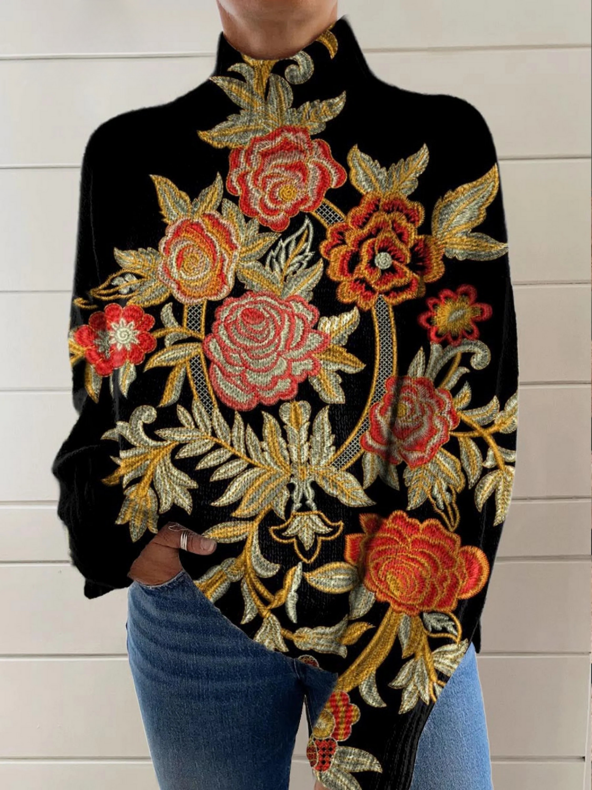 Women's Vintage Lovely Floral Art Print Knit Turtleneck Pullover Sweater