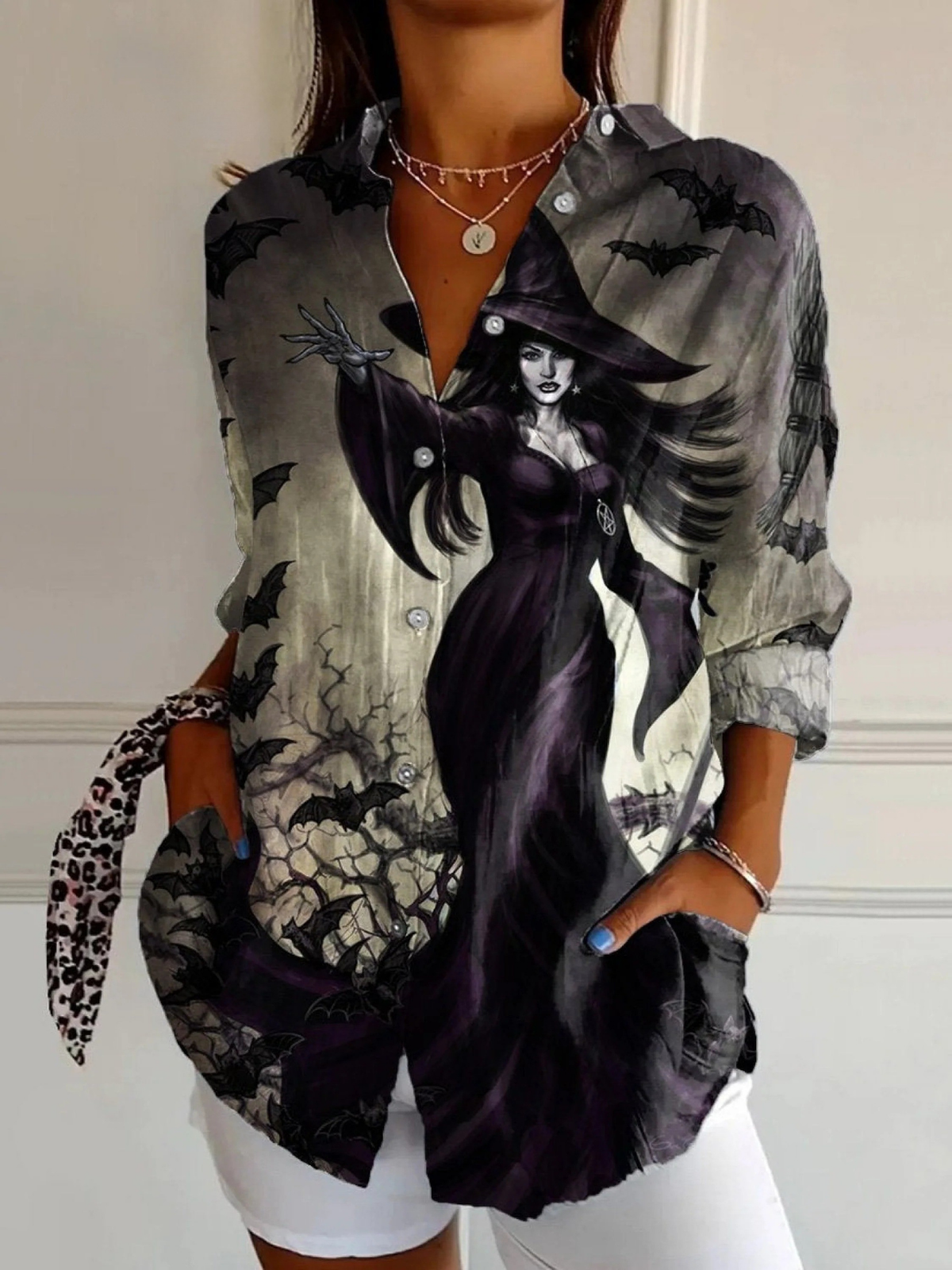 Women's  Halloween Witch  Art  Print Casual Cotton Shirt