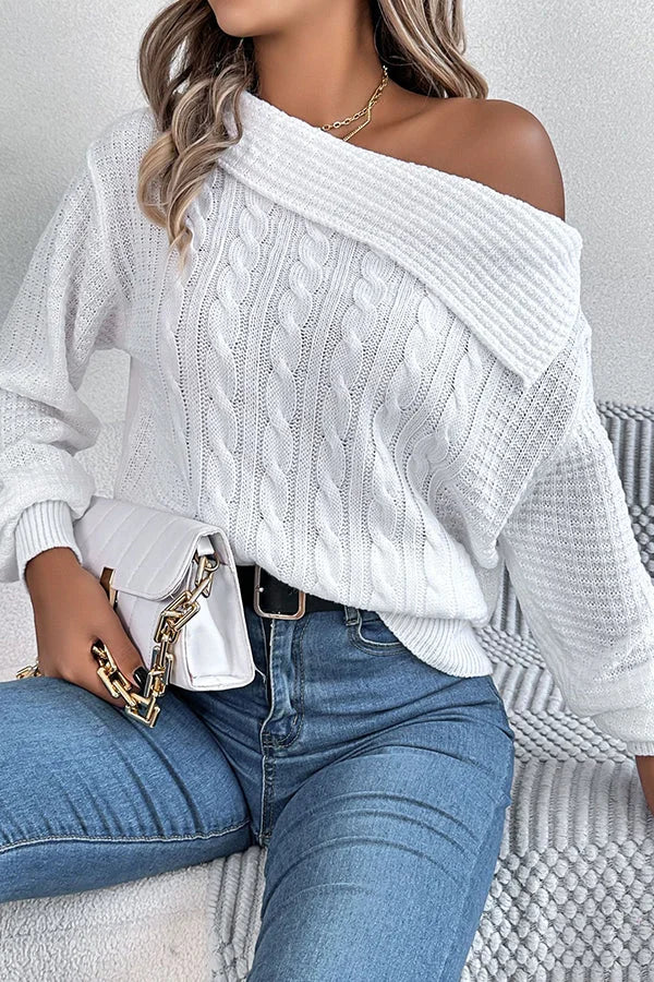 Solid Color Casual One Shoulder Long Sleeve Knitted Sweater