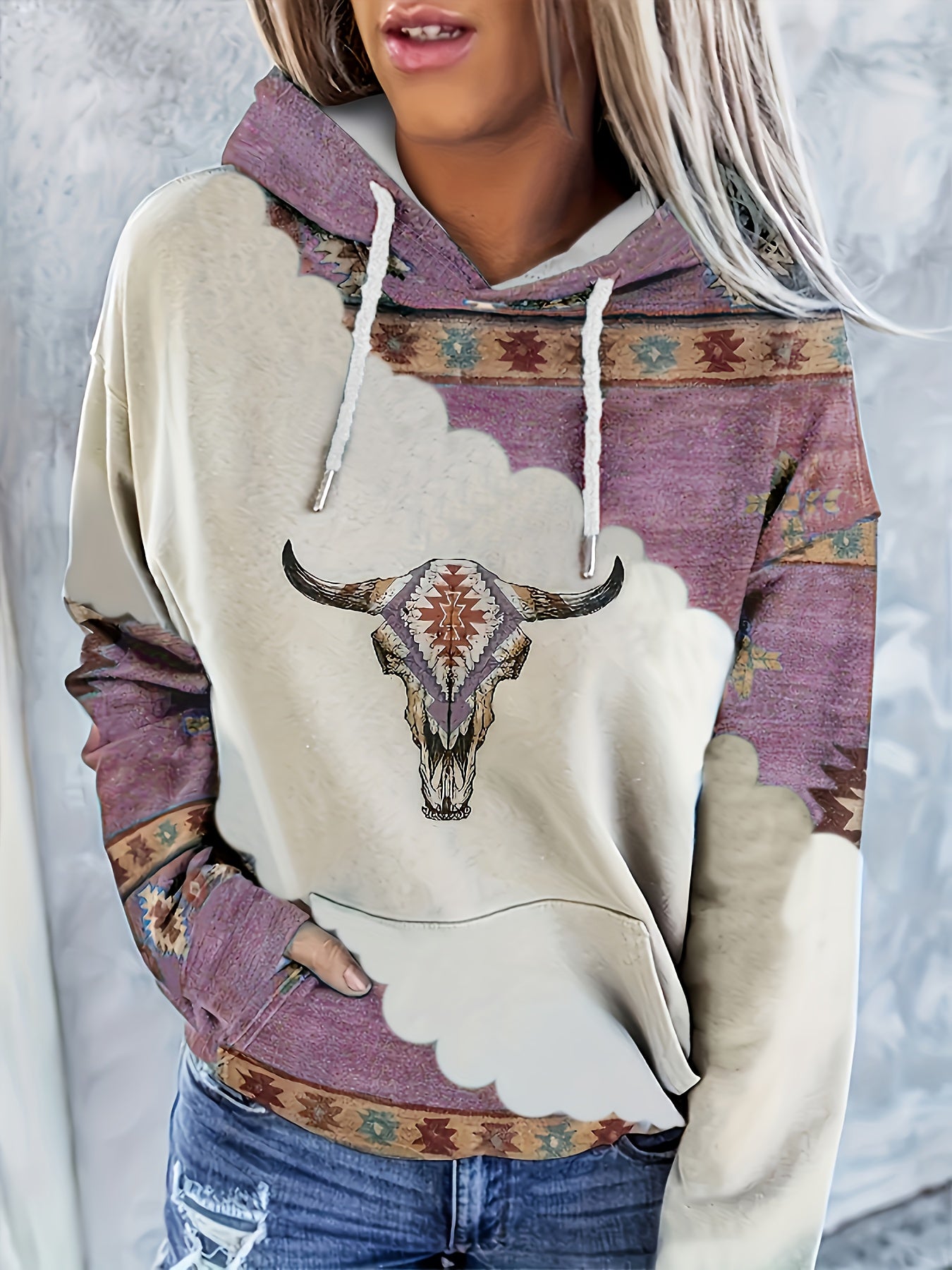 Women's Casual Western Bohemian Pullover Hoodie - Retro Ethnic Print Round Neck Sweatshirt with Adjustable Drawstring, Machine Washable All-Season Comfort, Cute Sweatshirts