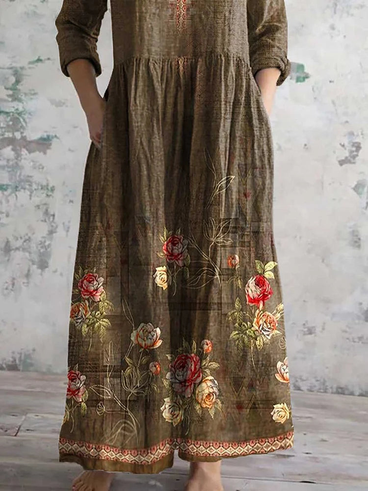Women's Vintage Floral Print Casual Cotton Dress