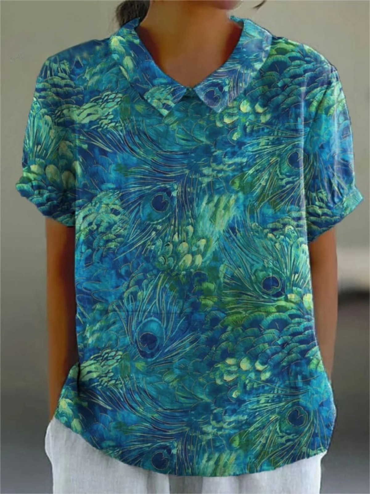 Women's Peacock Feather Print Casual Cotton Linen Shirt