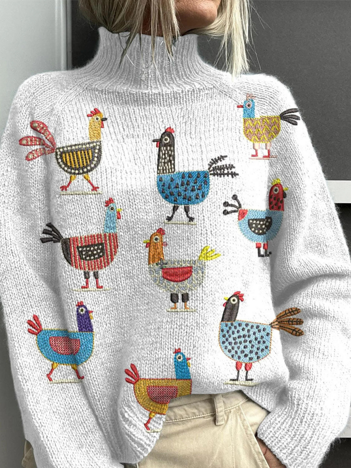 Funny Chicken Art Print Knit Turtleneck Pullover Sweater