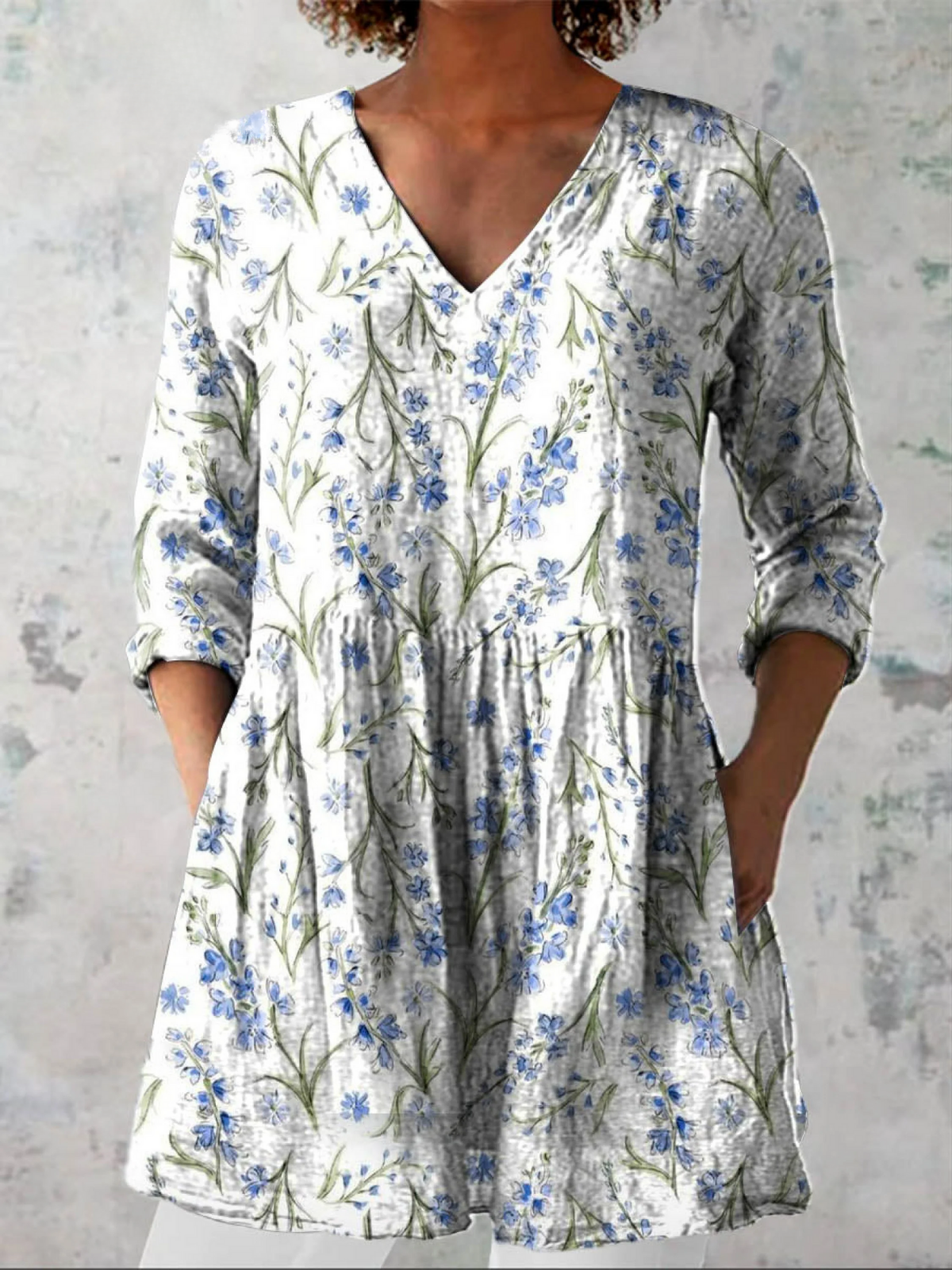 Women's Lovely Floral Art Print Casual Linen V-neck Tunic