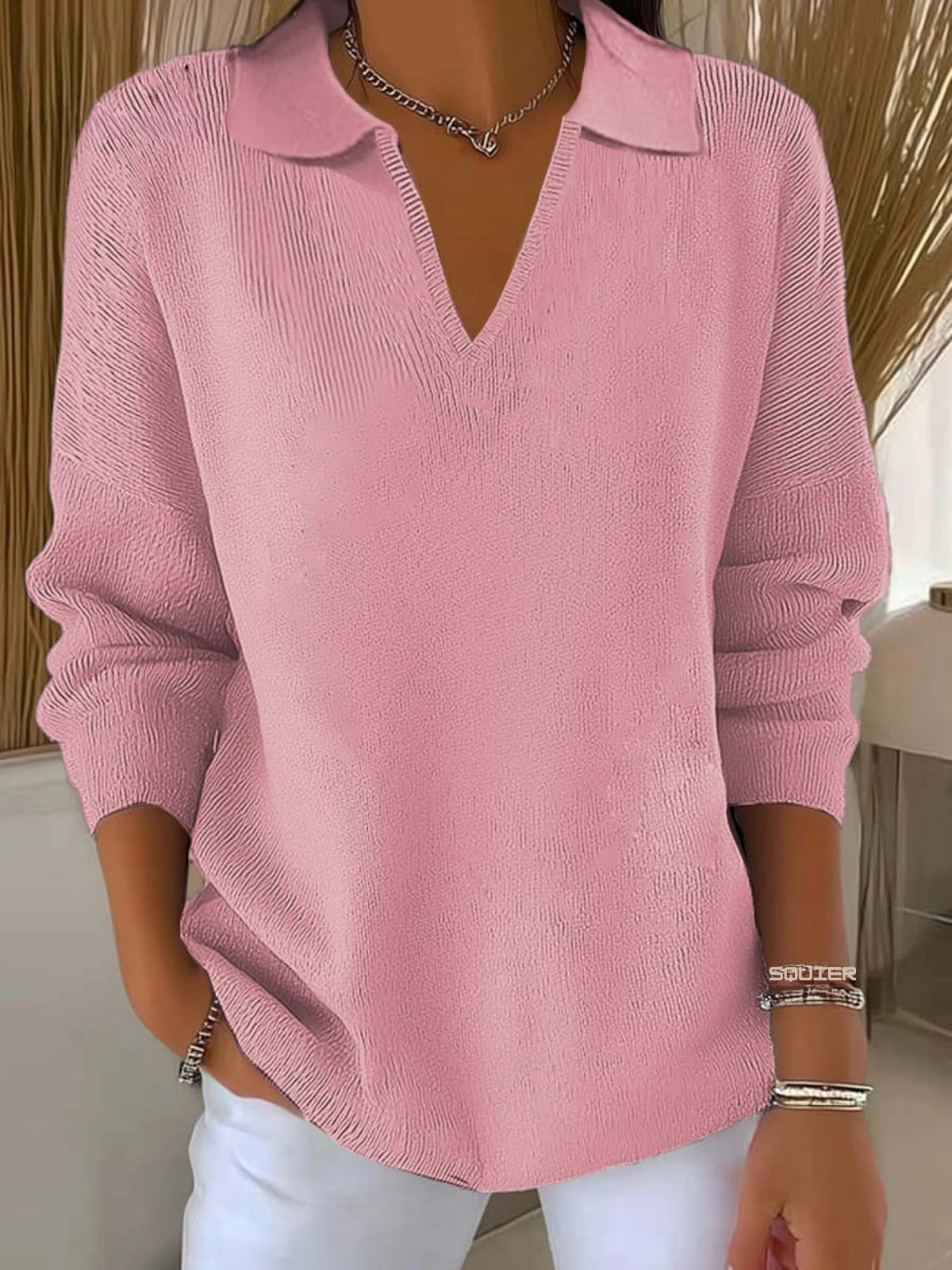 Women's Lapel Long Sleeve Solid Color Casual Sweater