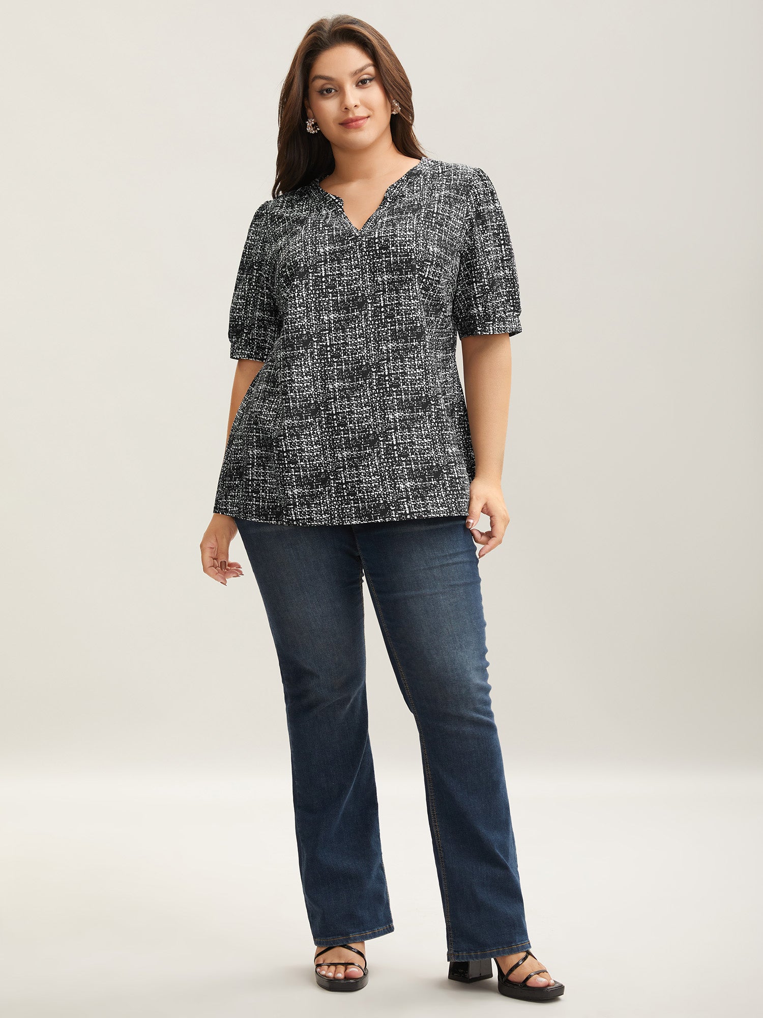 Geometric Print Puff Sleeve Blouse