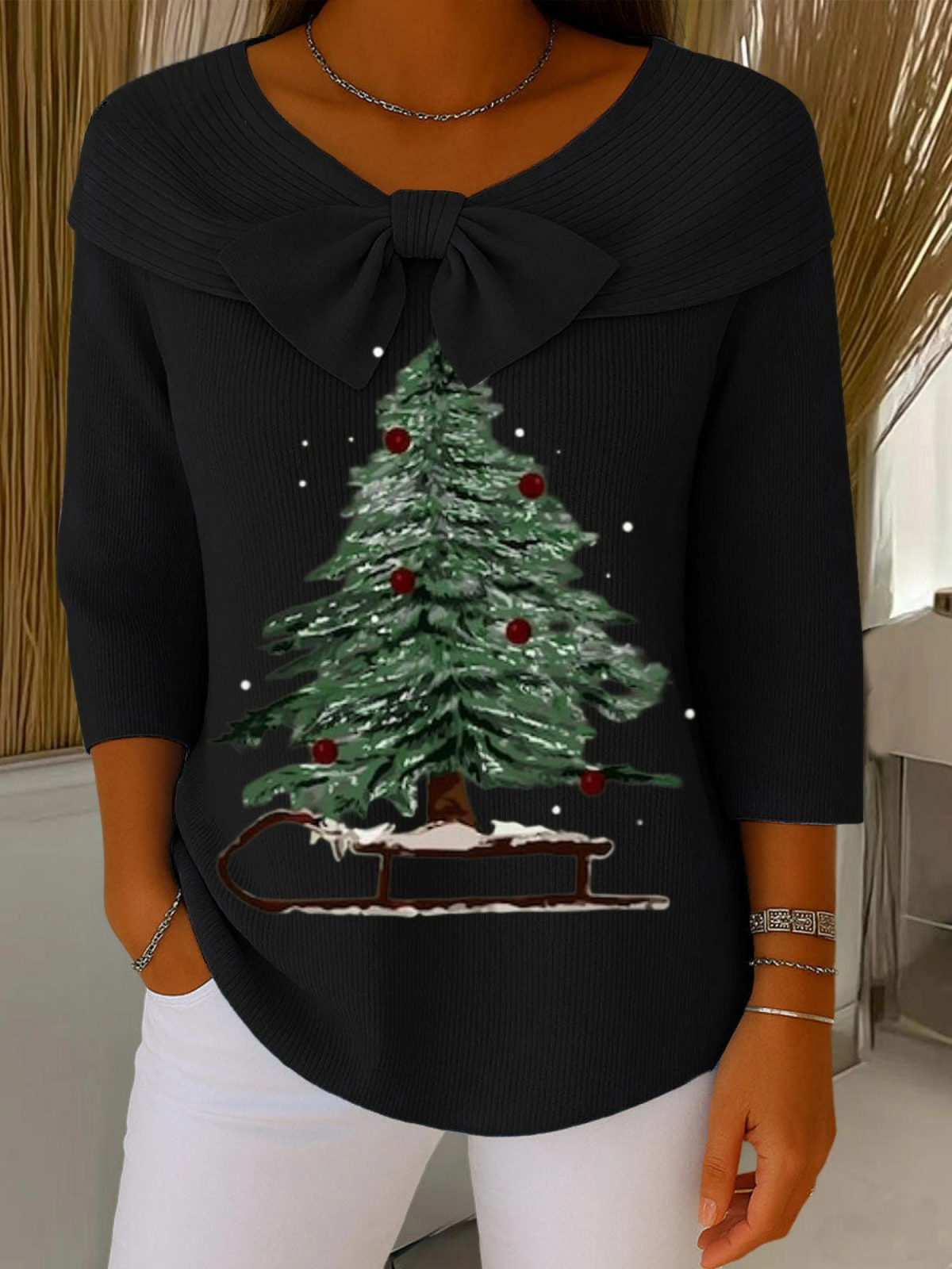 Vintage Christmas Tree Art Print Buttoned Cardigan Sweater