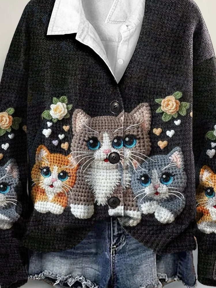 Cat Art Print Buttoned V-neck Cardigan Sweater