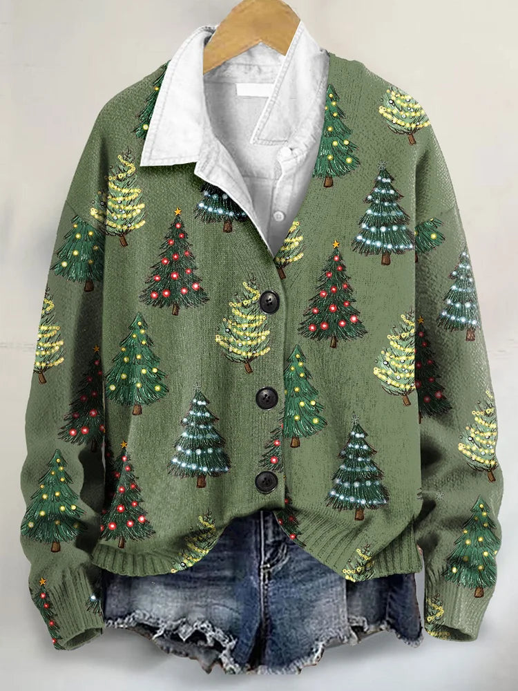 Lovely Christmas Tree Art Print Buttoned V-neck Cardigan Sweater