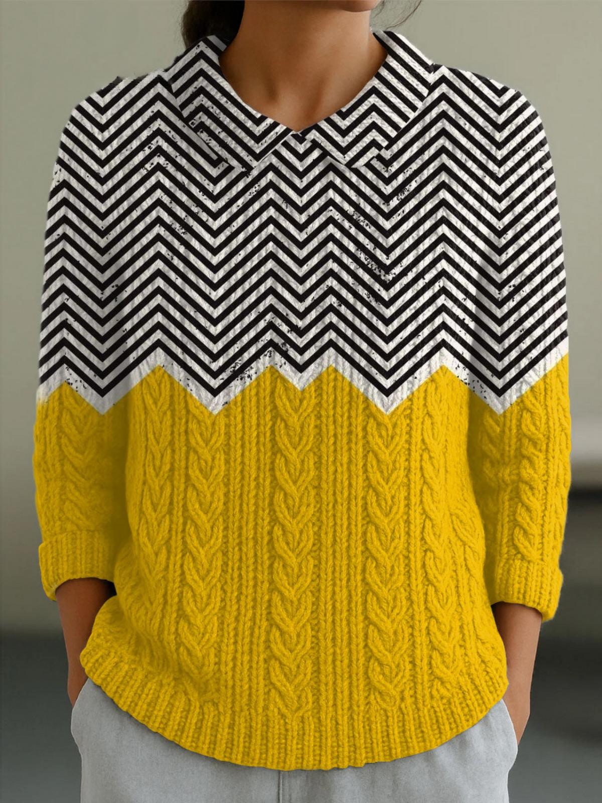 Women's Vintage  Abstract Geometric  Art Print Casual Peter Pan Collar 3/4 Sleeve Sweater