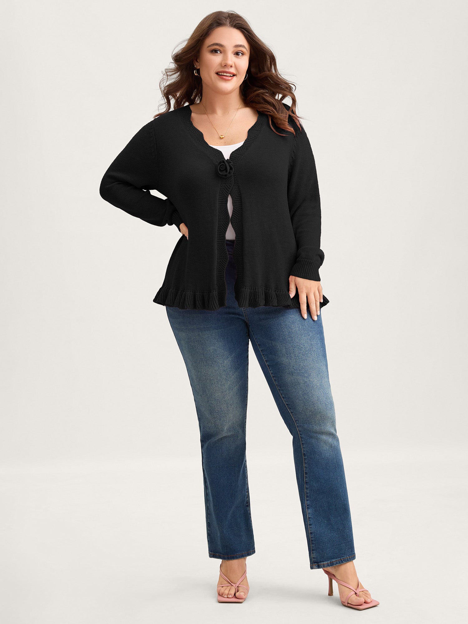 Supersoft Textured Floral Button Ruffled Hem Knit Cardigan