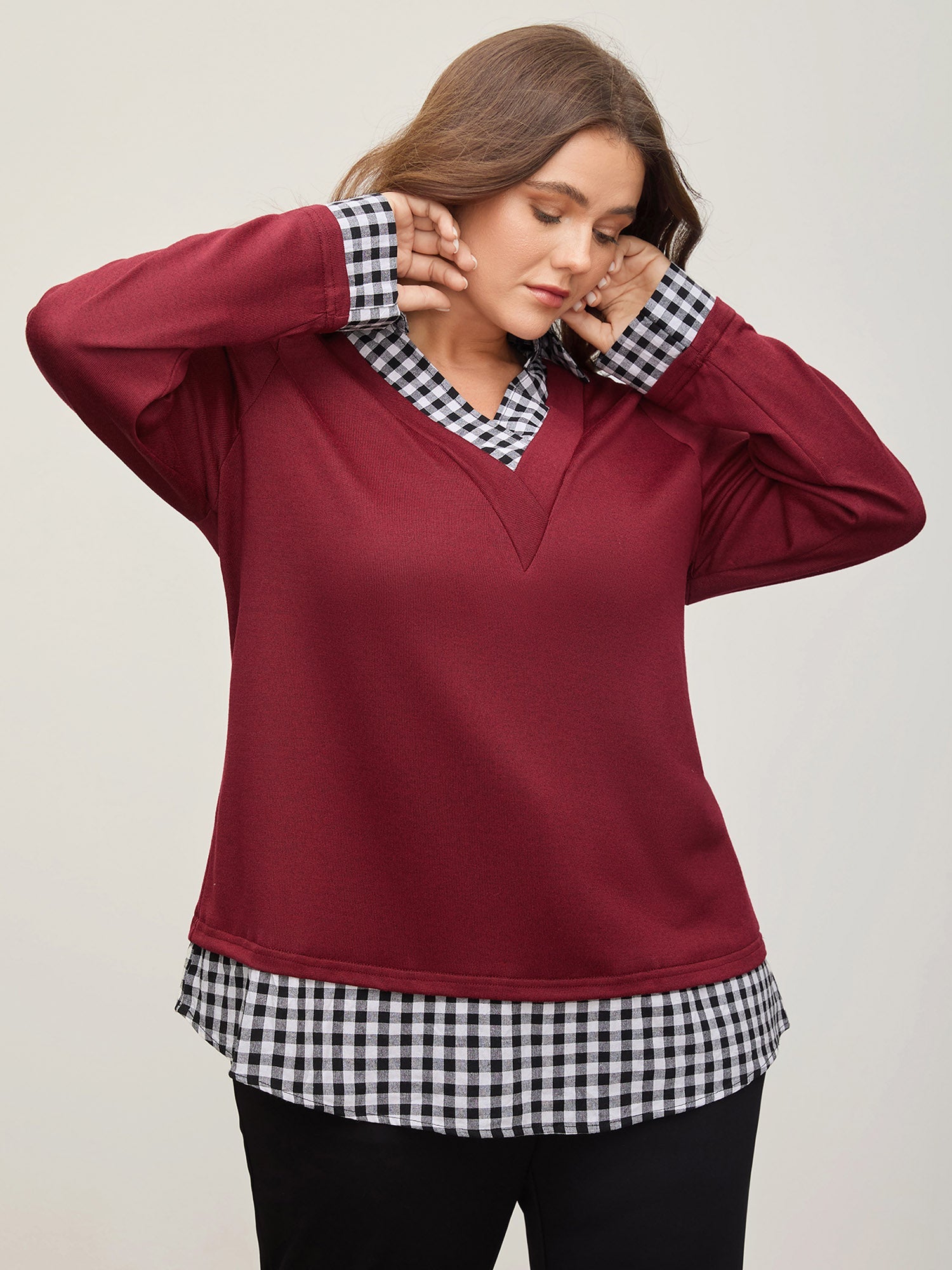 Gingham Patchwork Shirt Collar Arc Hem Sweatshirt
