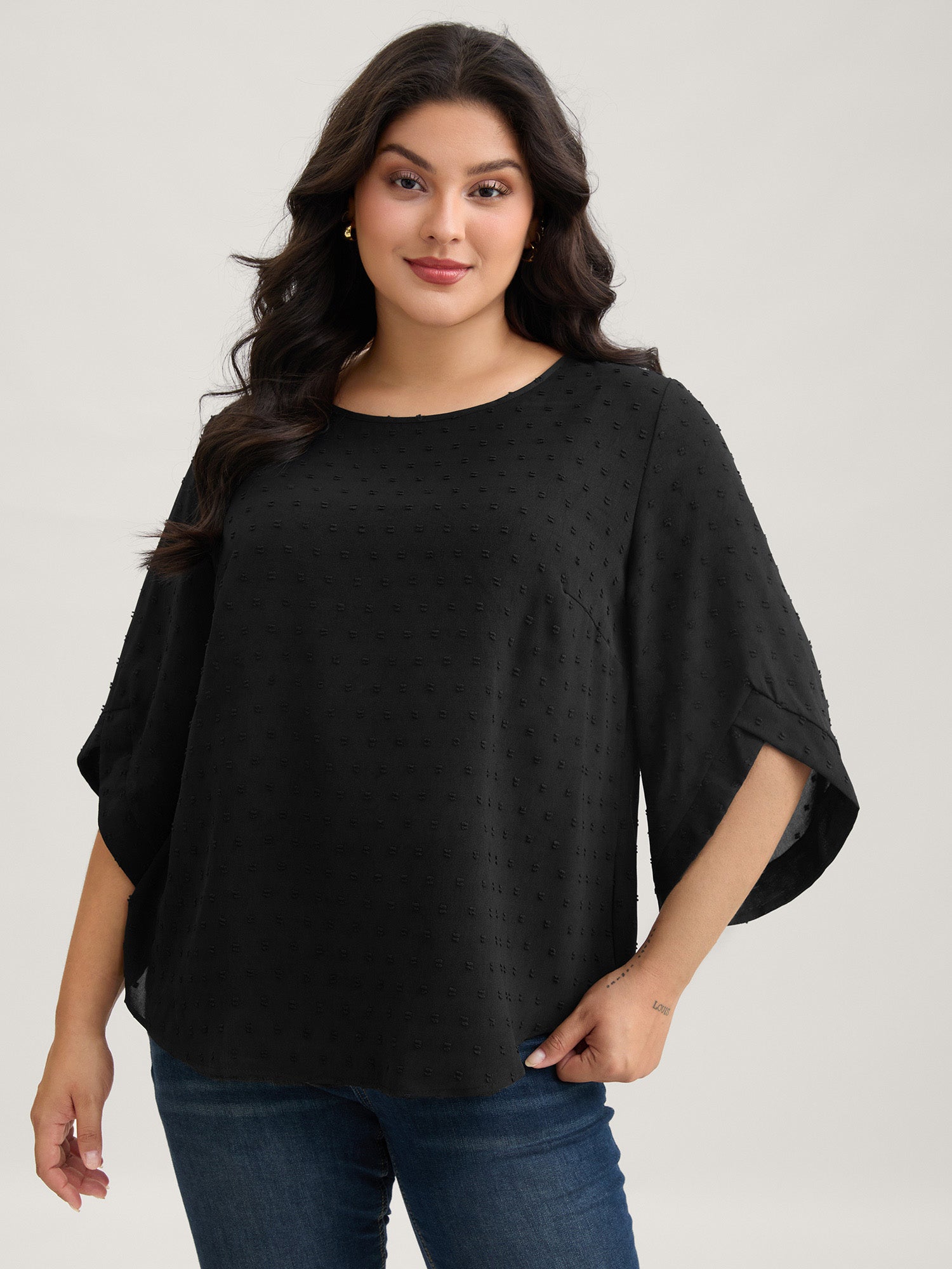 Textured Round Neck Bell Sleeve Blouse