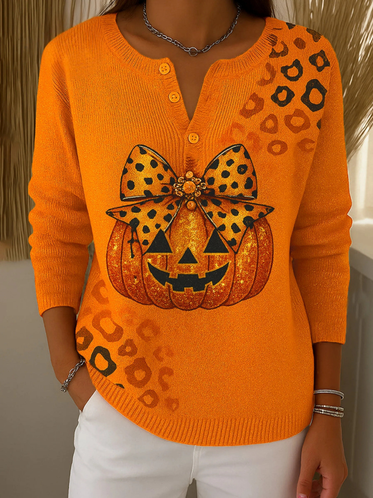 Women's Leopard Print Pumpkin Henley Sweater Top