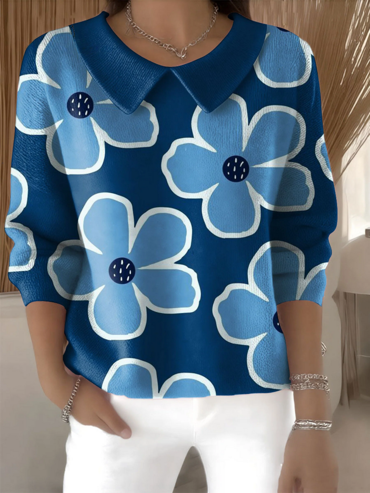 Women's Floral Flowers Casual Print Peter Pan Collar 3/4 Sleeve Sweater