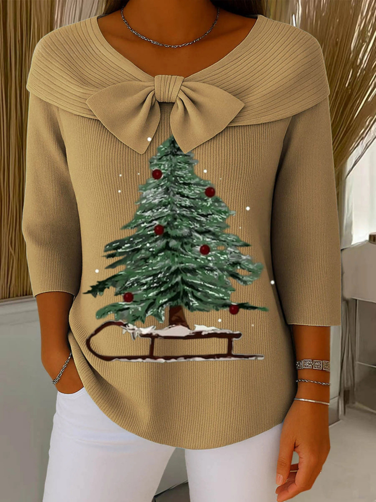Vintage Christmas Tree Art Print Buttoned Cardigan Sweater