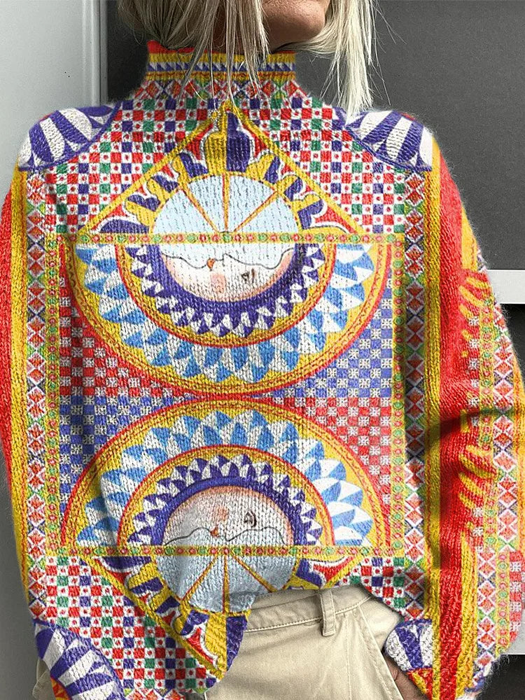 Women's Human Face Vintage Bohemian Pattern Art Print Knitted Turtleneck Pullover Sweater