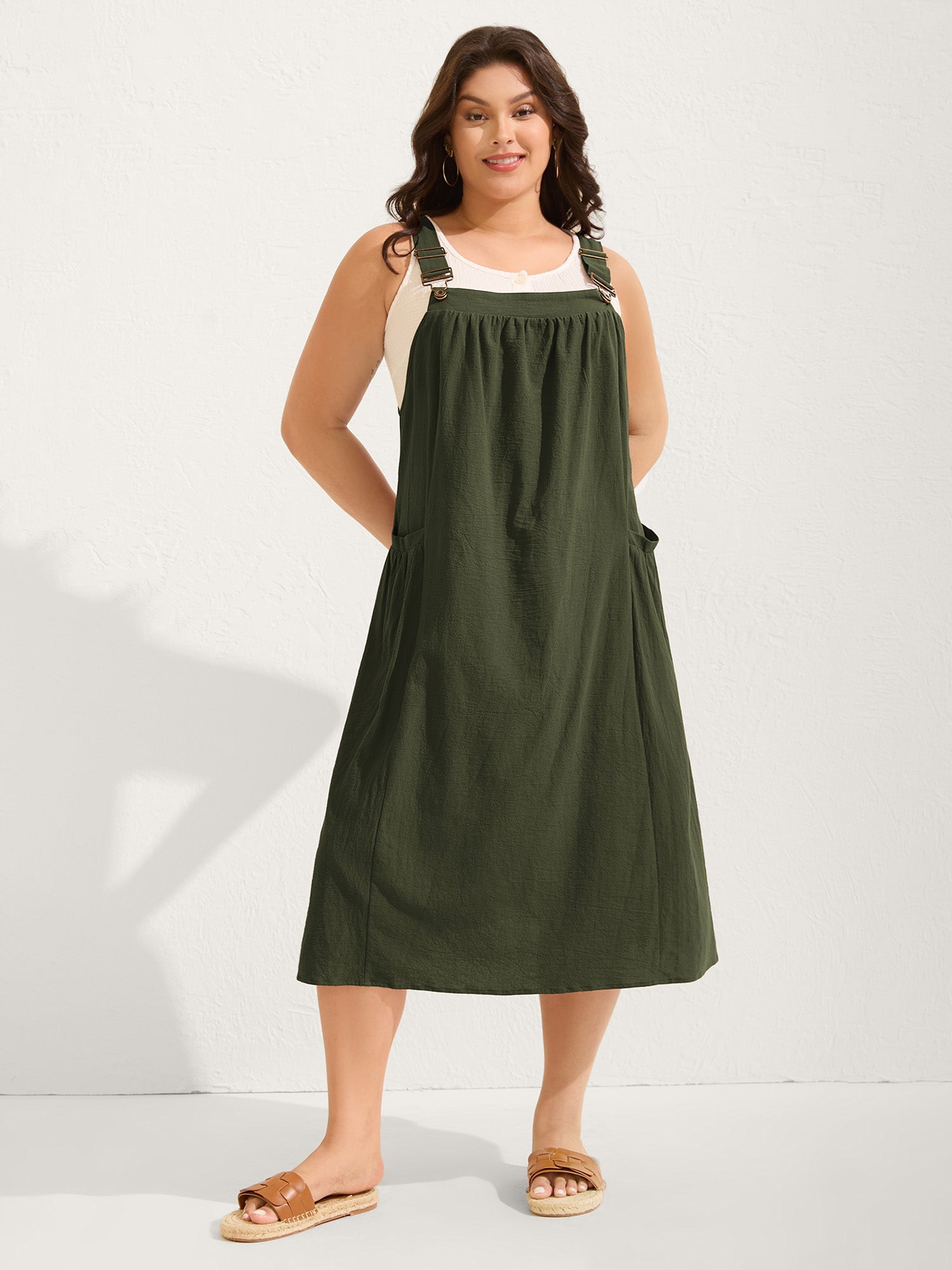 Pure Cotton Pleated Pockets Midi Dress