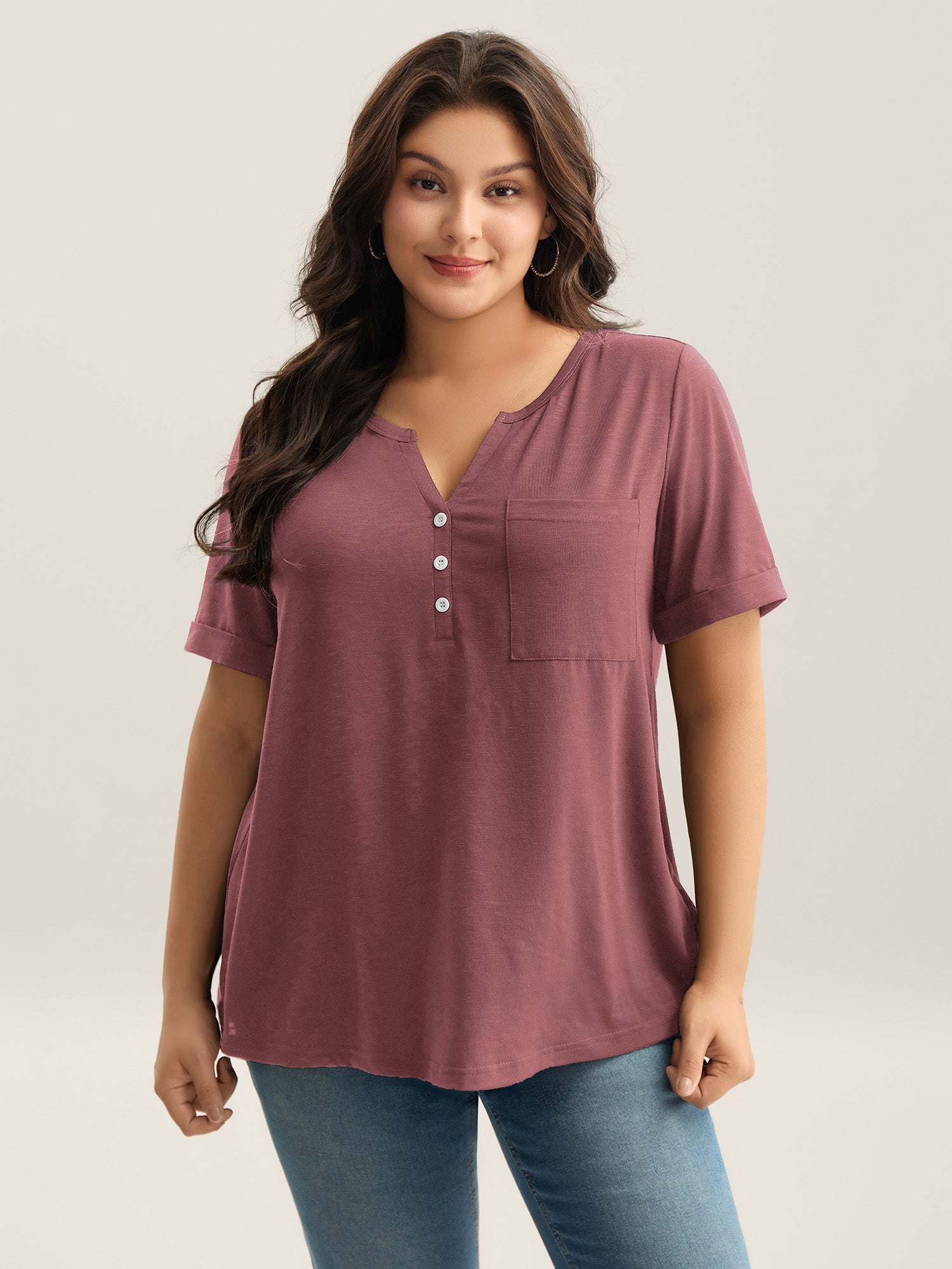 Solid Split Neck Button Detail T-Shirt