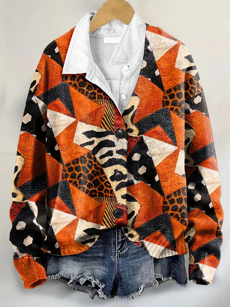 Holiday Orange Color Block Art Print Buttoned V-neck Cardigan Sweater