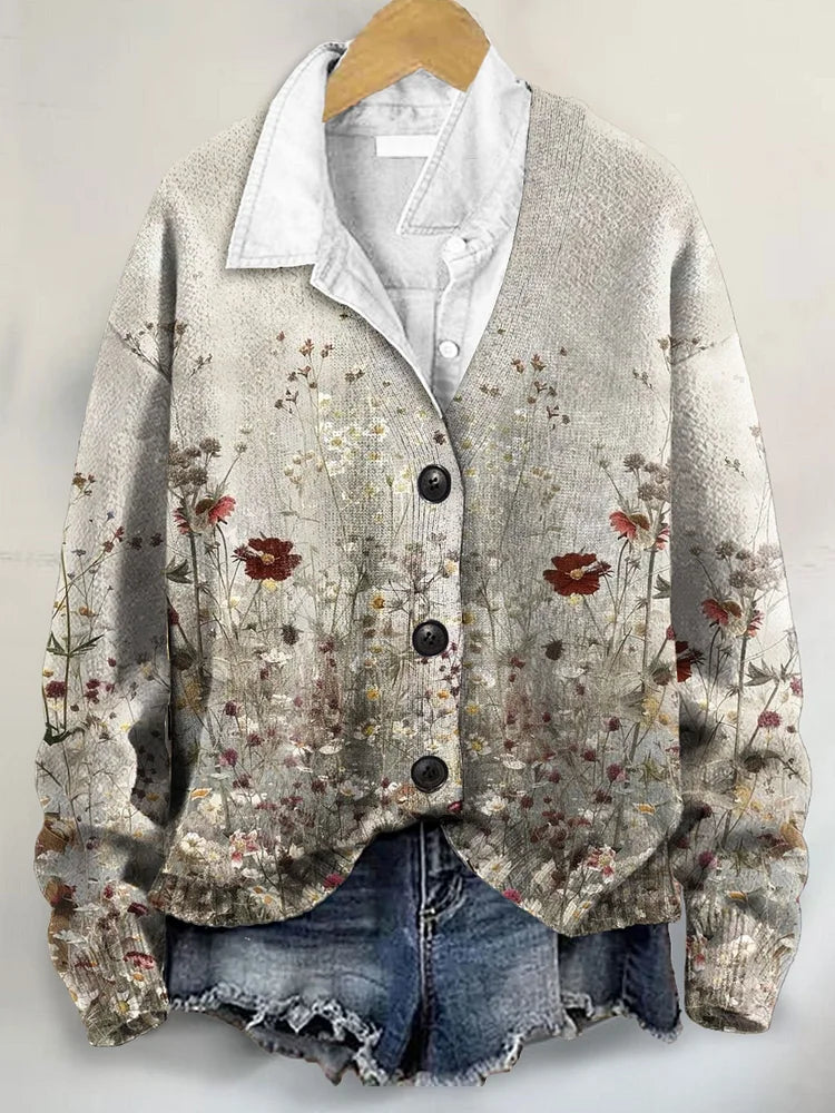 Vintage Floral Art Print Buttoned V-neck Cardigan Sweater