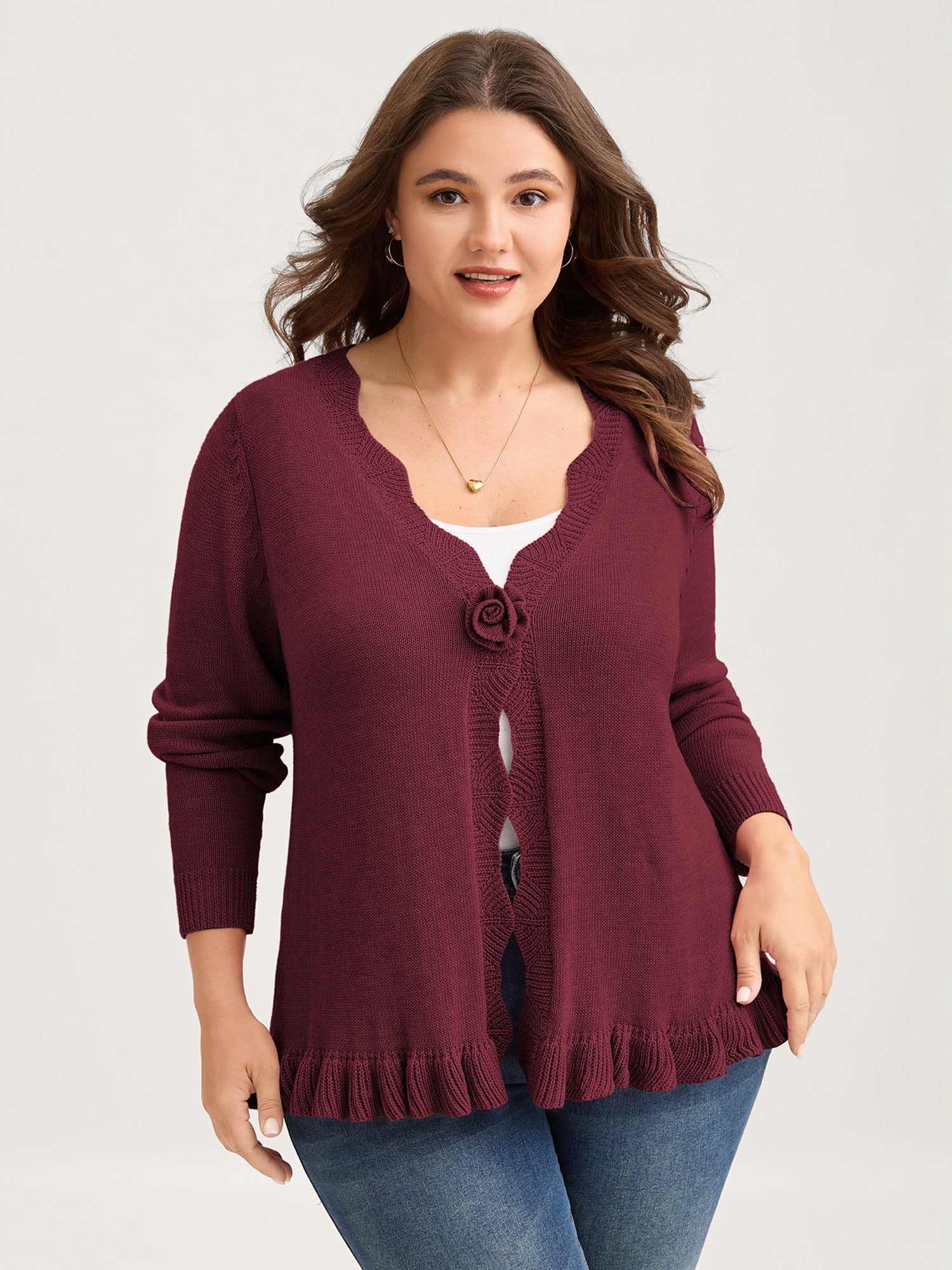 Supersoft Textured Floral Button Ruffled Hem Knit Cardigan