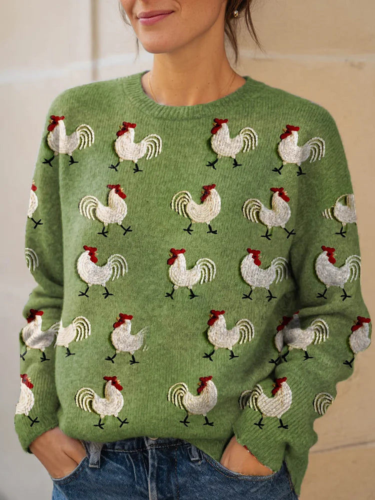 Women's Lovely Chicken Art Print Knit Pullover Sweater