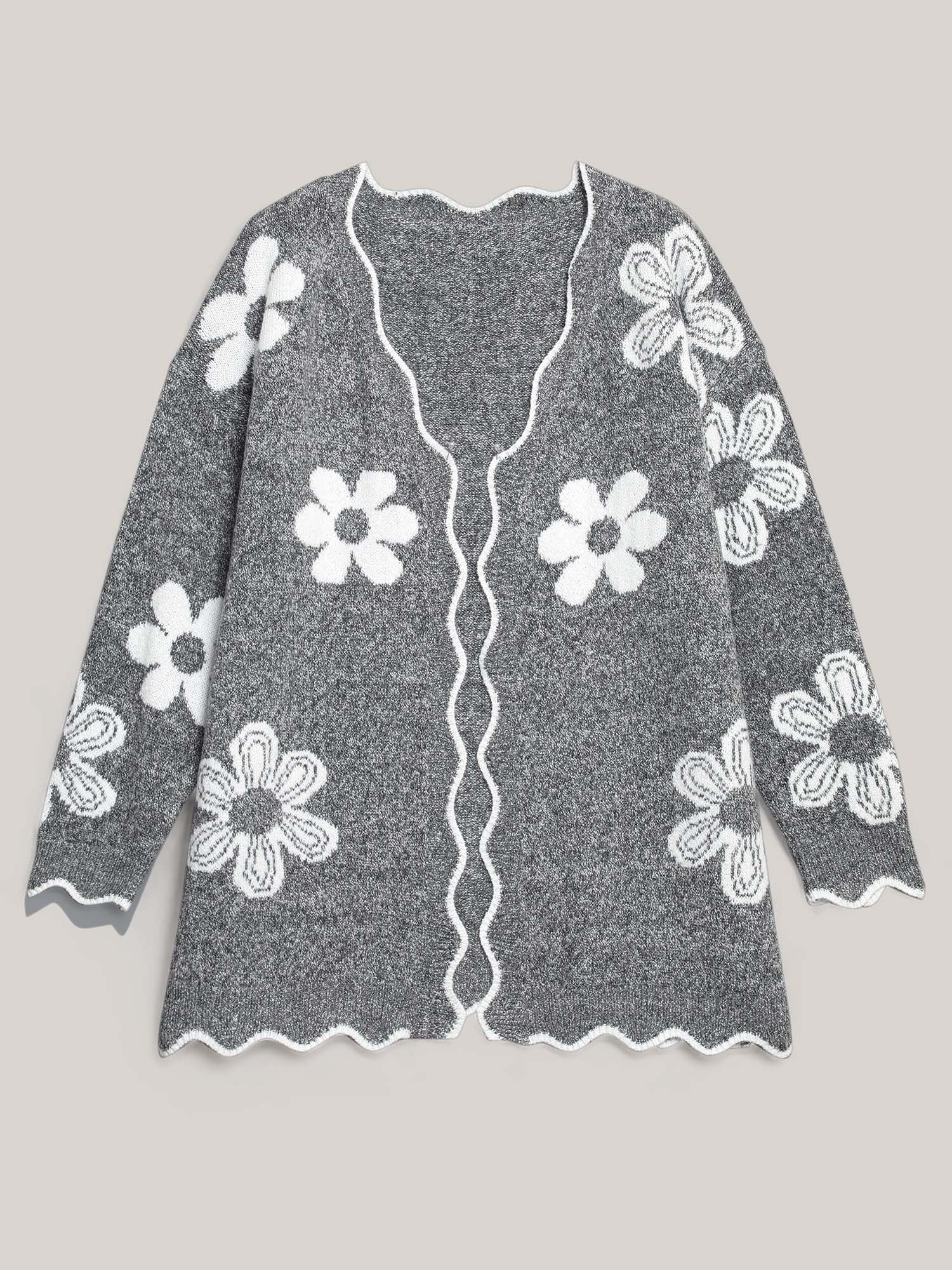 Floral Pattern Open-Front Knitted Cardigan