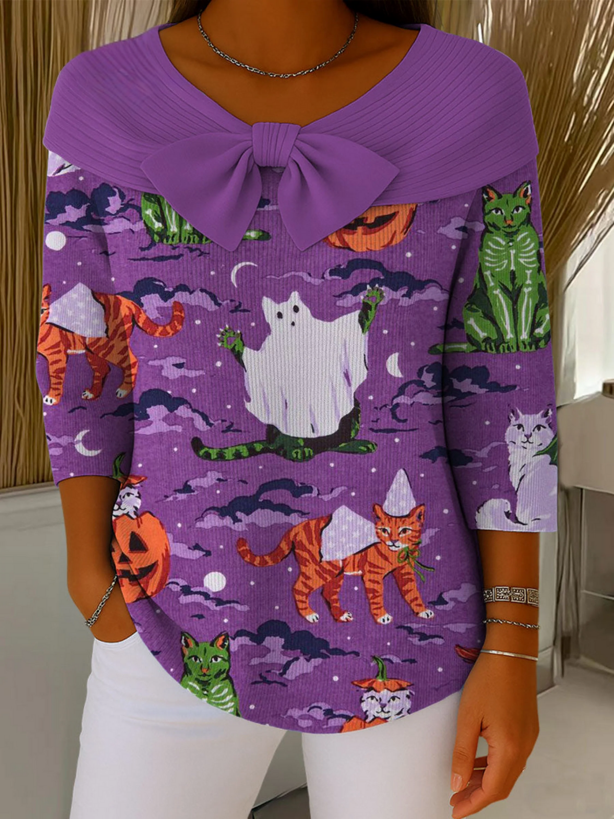 Halloween Ghost Cat Contrasting Colors Print Buttoned Cardigan Sweater