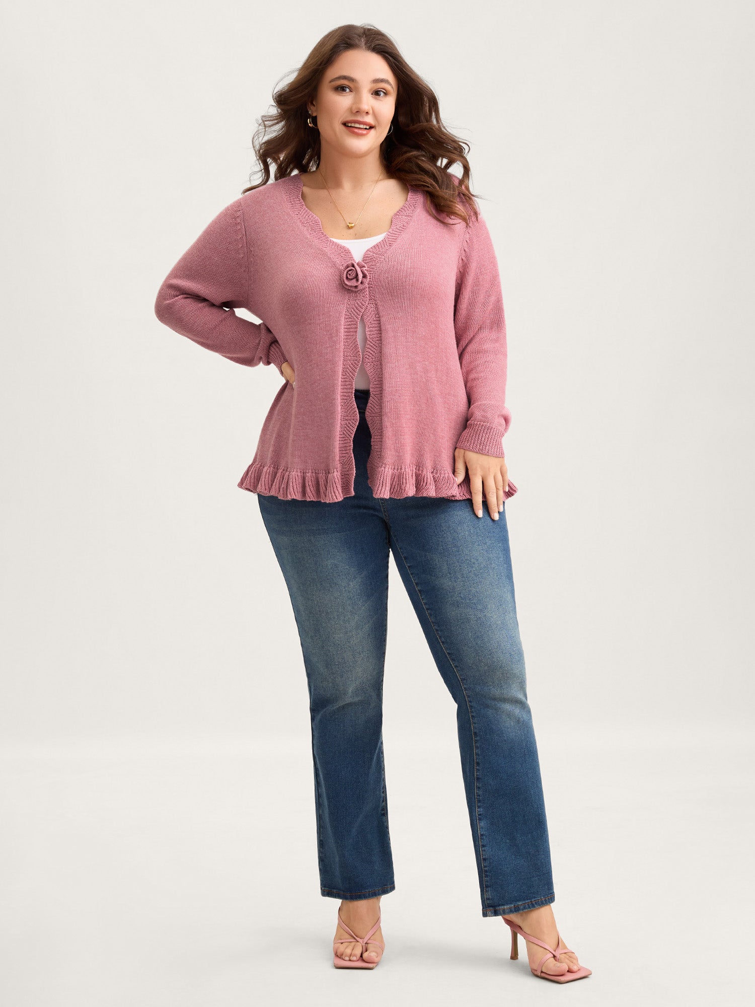 Supersoft Textured Floral Button Ruffled Hem Knit Cardigan