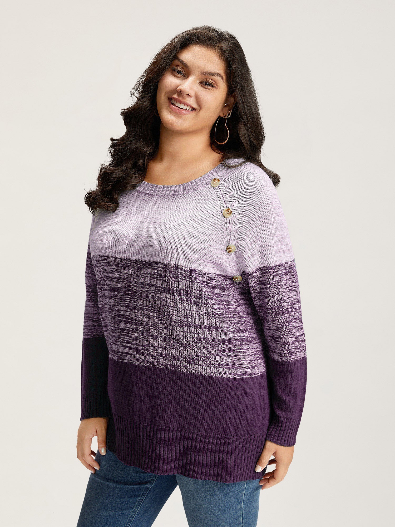 Colorblock Contrast Heather Button Detail Pullover