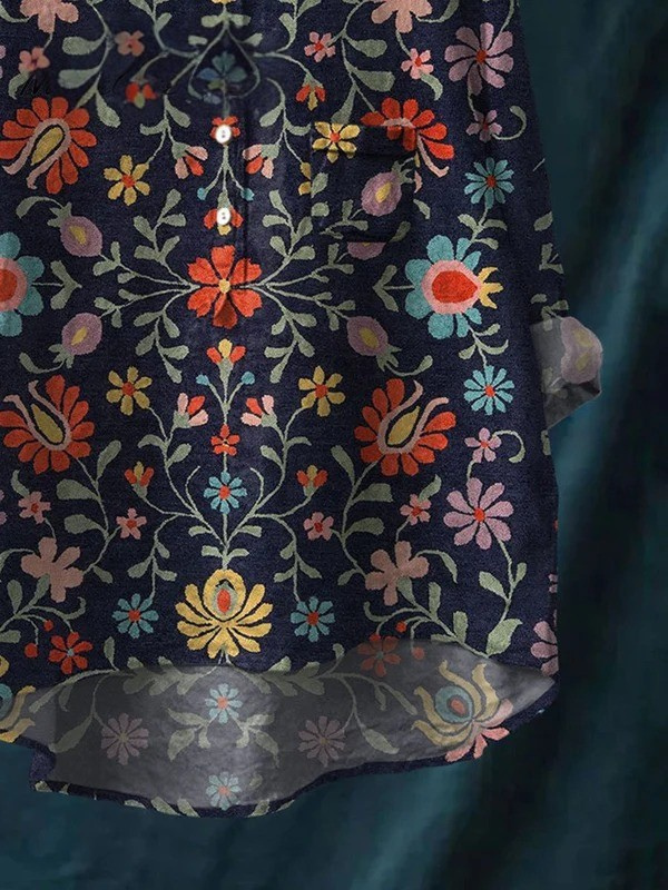 Women's Vintage Flower Art Print Casual Cotton And Linen Shirt
